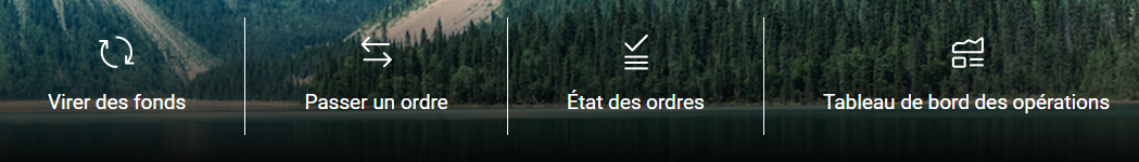 Quatre liens rapides : Virement de fonds, Passer un ordre, État des ordres et Tableau de bord de opérations